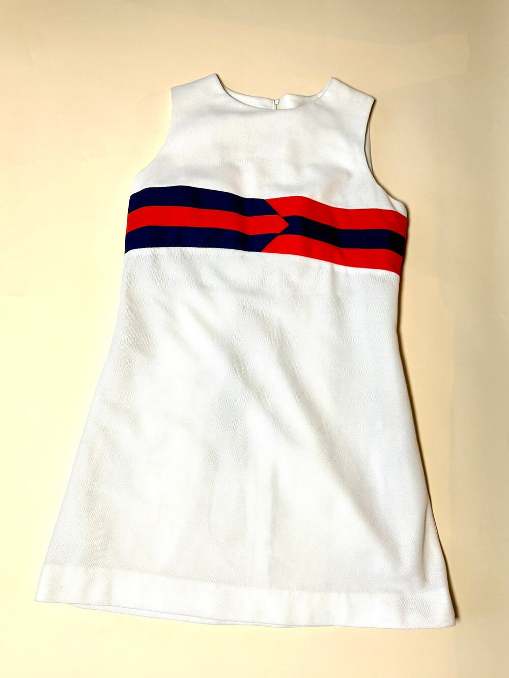 White Sleeveless Shift Dress Red Navy Stripe Detail